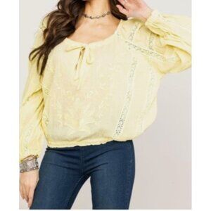 Free People Women's Sz L Embroidered Yellow Floral Long Sleeve Boho Blouse